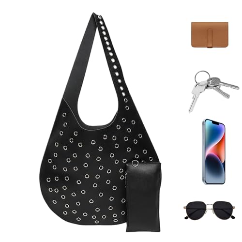 Bolso genérico - Bolso de moda con remaches para mujer, bolsos de diseño hueco, elegante para la vida cotidiana, viajes, oficina, escuela, compras,, Negro , Se référer au descriptif