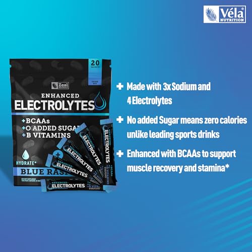 Image of Enhanced Electrolyte Powder Stick Packs (Blue Raspberry | 20 Packets) w / 0 Sugar +BCAAs +B-Vitamins Electrolyte Supplement w Potassium Zinc & Magnesium for Hydration - Keto Electrolytes