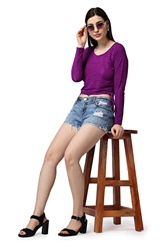 Image of POPWINGS Casual Self Design Regular Fit Polyester Full Sleeves Crop Tops for Women with Crush String