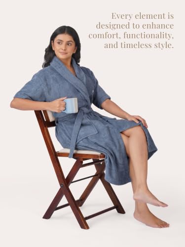 Image of RANGOLI Premium Women's Knee-Length 460 GSM Bamboo Bathrobe in Half Sleeves with 2 Pockets & Belt Closure with Ultra Soft Fabric & Skin-Friendly (Blue-XL) | Royal Bamboo