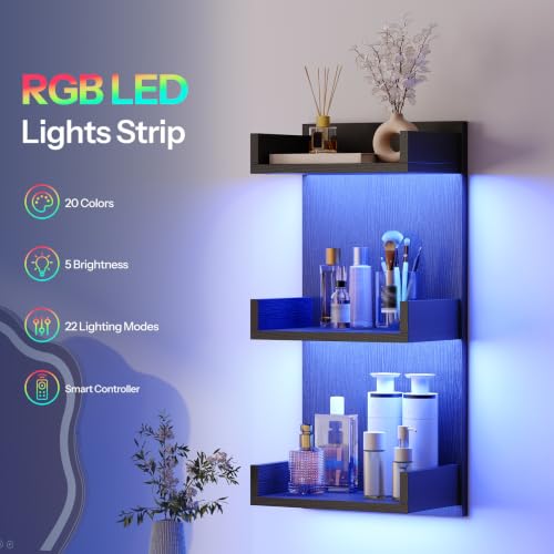 Image of HOOBRO Floating Wall Shelves with LED Lights, Floating Shelf Wall Mounted | Shelf for Storage, Vertical Display Stand, Modern Column Rack, for Bedroom, Livingroom, 3-Tier, 25.6 Inches, Black BK43DBJ01