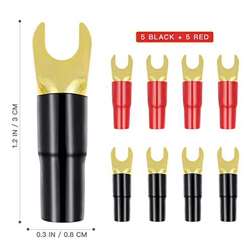 5 Pairs Copper Gold Plated 8 Gauge Strip Spade Terminal Spade Fork Adapters Connectors Plugs Crimp Barrier Spades For Speaker Wire Cable Terminal Plug - 8Ga (Red And Black) #TOP6
