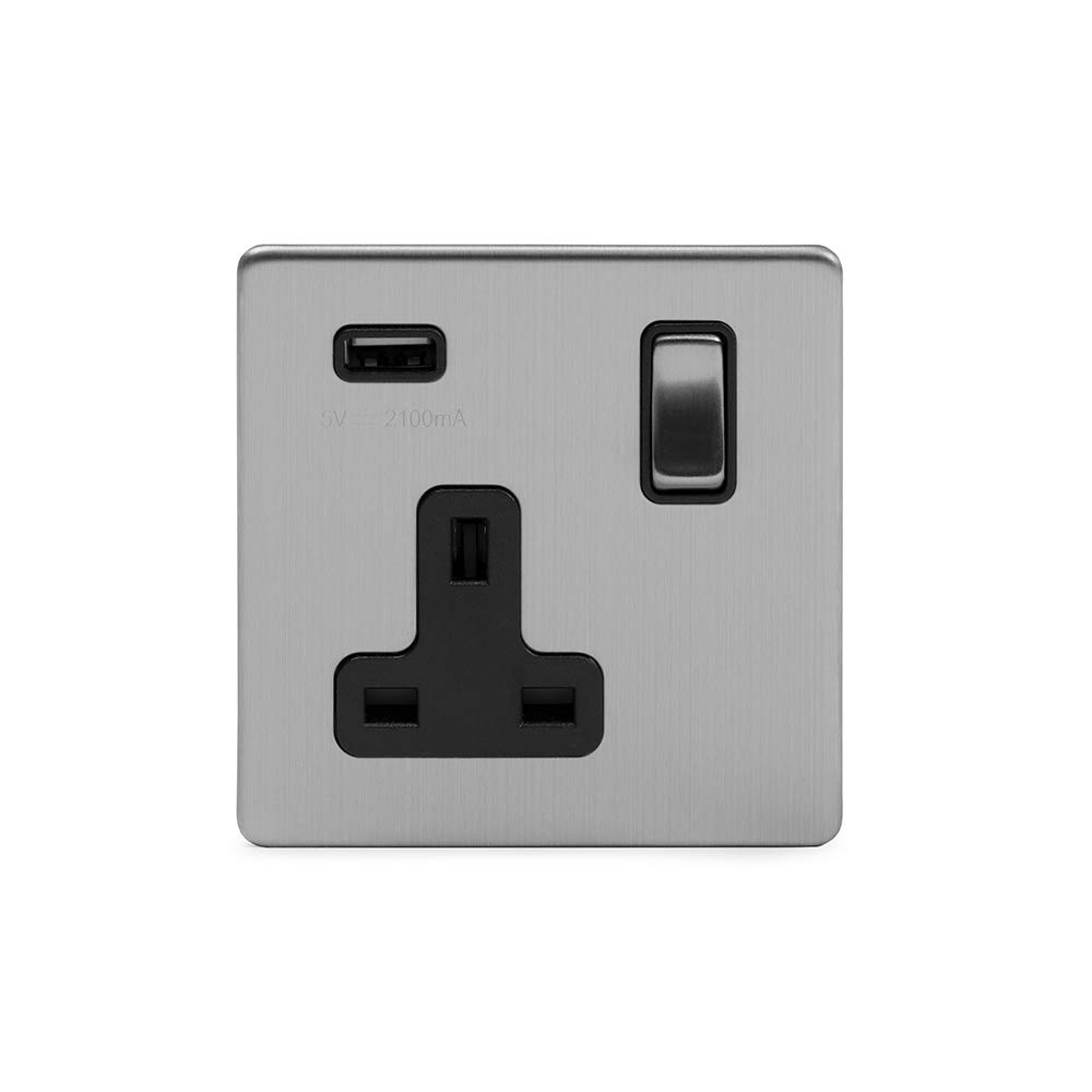 Soho Lighting Black/Silver Brushed Chrome 1 Gang 13A Dp Socket With Usb-A 2.1A
