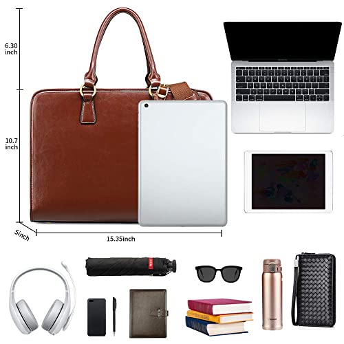 Kattee Genuine Leather Briefcase for Women, Large Capacity Laptop Bag with Luggage Tag, Coffee, Large