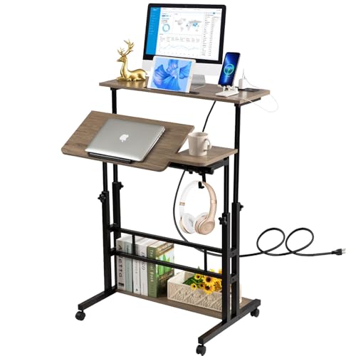 Image of Hadulcet Rolling Stand Up Desk Adjustable Height - Portable Standing Desk with Wheels & Charging Station, Mobile Laptop Desk Small Standing Desk Drawing Table, Grey