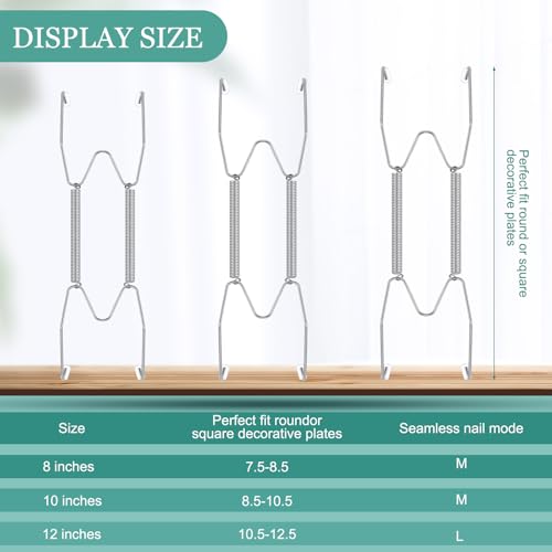 Image of Hotop 12 Pieces Plate Hangers for Wall Stainless Steel Wire Invisible Heavy Duty Plate Hangers Display Holders with 12 Pieces Hooks for Wall Decorative(8 /10 /12 Inch,Silver)