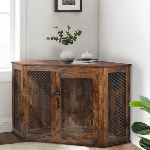 image for LEMBERI 52 Inch Large Corner Dog Crate Furniture,Wooden Dog Kennel End