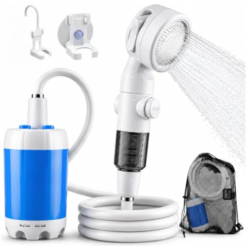 Ducha portátil para camping, bomba recargable con 3 modos de rociado, kit de ducha para exteriores con soporte de succión y bolsa de malla para viaje, baño de mascotas, lavado de autos y riego en el jardín