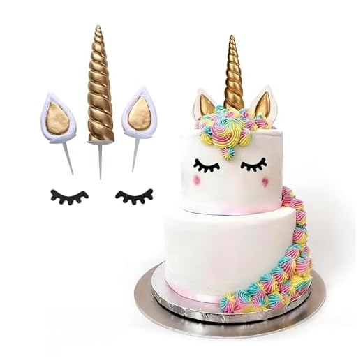 6 Stück Goldene Einhorn Torten Deko Set, Niedliche Tortenfiguren mit Hörnern, Ohren und Wimpern für Geburtstagskuchen, Hochzeits- und Motivtorten, Magische Einhorn Kuchen Deko für Kinderpartys