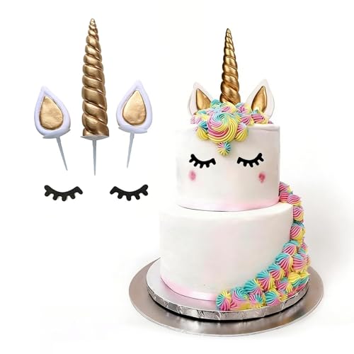 Décors de Gâteau Licorne Dorés, Toppers Mignons avec Cornes, Oreilles et Cils pour Décoration de Gâteau d'Anniversaire, Mariage et Fêtes à Thème,...