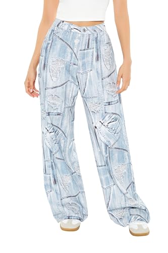 Forever 21 Women's Distressed Denim Print Jeans2