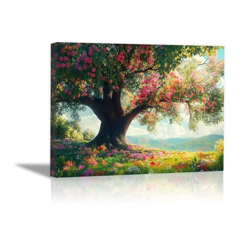 Paysage de fleurs à côté de l'arbre peinture sur toile DunPei grand tableau moderne vert salon