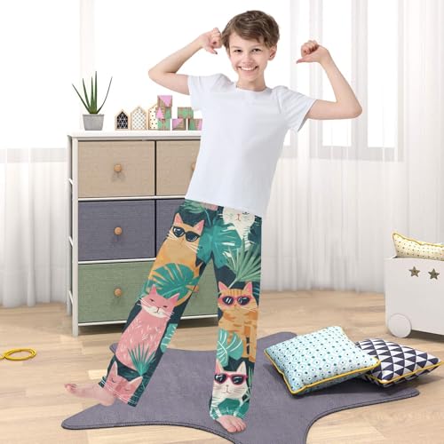 Tropical Palm Tree Cat Boys Long Pants Soft Trousers Elastic Waist Kids Lounge Bottoms with Pockets S-XL 5