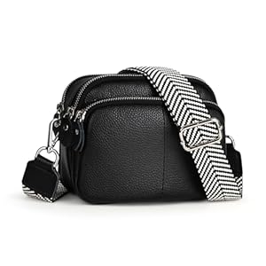 befen Genuine Leather Crossbody Bag for Women Black Shoulder Bag Triple Camera Bag for Women Cell Phone Bag with Wide Adjustable Strap-Black