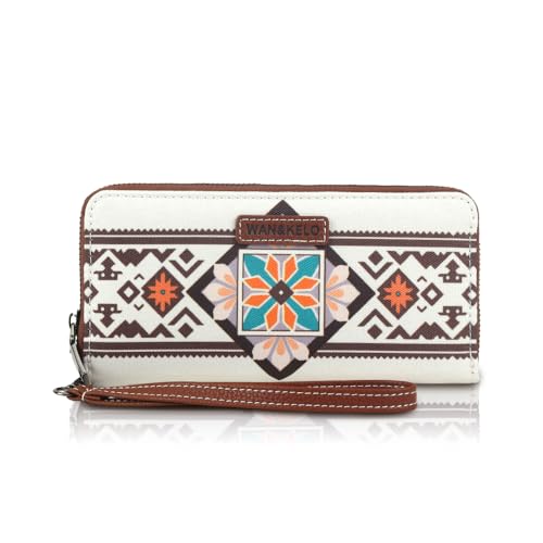 Vintage Bohemian RFID Wallet for Women with Wrist Strap Stylish Canvas Card Holder, Coin Purse & Zipper Clutch (Beige-1)