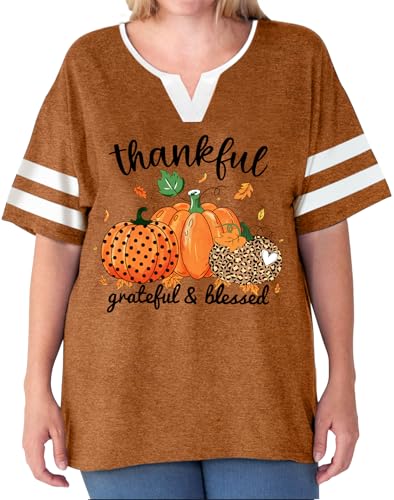 Plus Size Thanksgiving Shirts Women Thankful Grateful Blessed Shirt Leopard Pumpkin Print Casual Fall Tops2