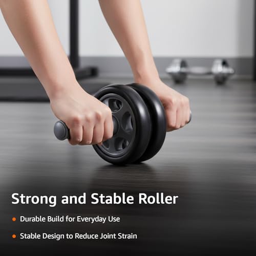 Image of Amazon Basics Dual Wheel Ab Roller with Knee Pad & Non-Slip Handles | for Core Strengthening | Compact & Portable | for Men and Women | Black