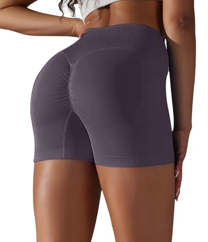 YOAKUKA Women Workout Shorts V Cross High Waist Yoga Shorts Sport Seamless Athletic Booty Scrunch Gym Shorts Dark Grey — view 3