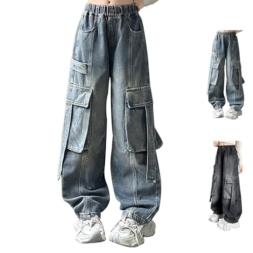 Girls Cargo Jeans Baggy Wide Leg Streetwear Denim Pants Teen Kids Retro Loose Fit Jeans Multi Pockets High Waist Pants2