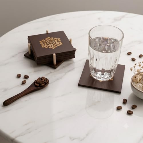 Image of Wooden Tea Coaster Square Shape-Set of 6 with Free Spoon Handcrafted Premium Hard Wood,Durable Coasters for Drinks Heat & Water Resistant,Coffee,Office Desk Home Decor Gift Item Golden Design