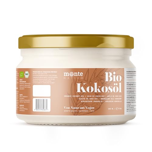 Bio Monte Nativo Kokosolie, 200 ml, kokosolie in rauwe levensmiddelkwaliteit, puur kokosvet, biologische, koudgeperste kokosolie voor koken, braden en bakken, voor haar
