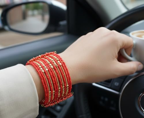 Image of Touchstone Indian Colorful Bead Bracelet Bollywood Beaten Metal Beads Openable Broad Cuff Bracelet in Gold or White Tone for Women.