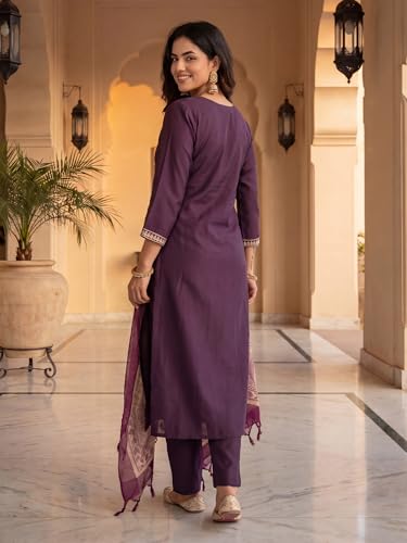 Image of INDO ERA Women's Silk Blend Embroidered Sequinned Kurta & Pant with Dupatta Set