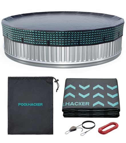POOLHACKER 8 FT Round Pool Cover 420D Swimming Pool Cover for Above Ground Pools Solar Pool Cover with Steel Cable & Pulley Tightening Fit for Stock Tank & Inflatable Pool UV Resistant