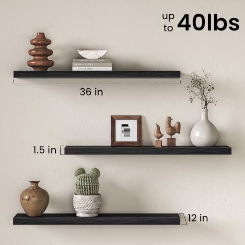 Image of Fun Memories Floating Shelves for Wall, 3 Pack 36 Inch Long Floating Shelves, 36 x 12 Wooden Shelves for Wall, Large Storage Shelves, Hanging Shelves for Bathroom Bedroom Kitchen, Black