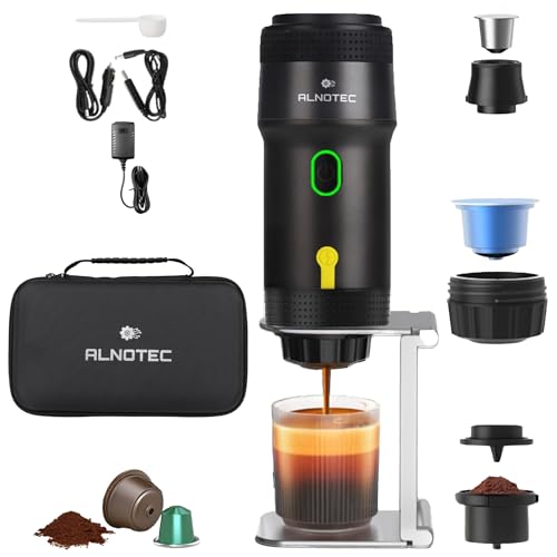 Alnotec - Cafetera expresso portátil 20 bares recargables, cafetera automática y compatible con cápsulas NES, DG & Café molido, cargador USB, 220 V y coche, funda + soporte de goteo.