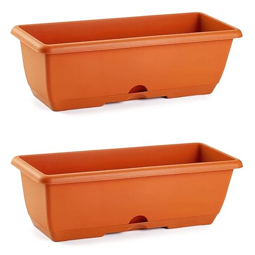 Acan Pack de 2 jardineras balconeras de plástico con Plato sin Soporte, PLFT, 40 x 20 x 17,5 cm de Color marrón. Macetero para Plantas y Flores Rectangular con Agujeros de Drenaje y Bandeja integrada