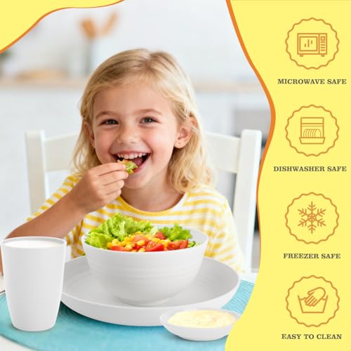 Image of Wheat Straw Plates and Bowls Sets of 16，Unbreakable Dinnerware Sets for 4, Microwave & Dishwasher Safe Kids Dish Set for Kitchen, Outdoor, Camping, Party, RV- White