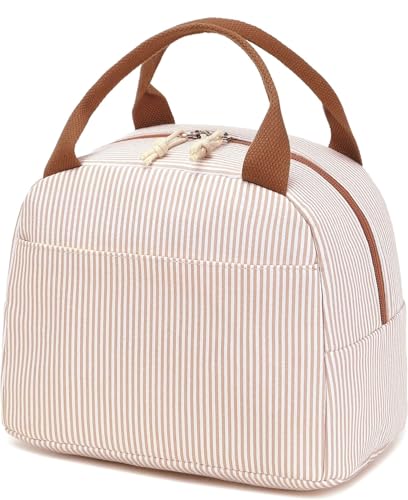 Bluboon Lunch Box for Women Cute Lunch Bag Reusable Insulated Lunch Bags Large Capacity Lunchbox Cooler for Work Picnic or Travel Gifts (Light Khaki White Stripes, 10 x 7.5 x 8 inches)