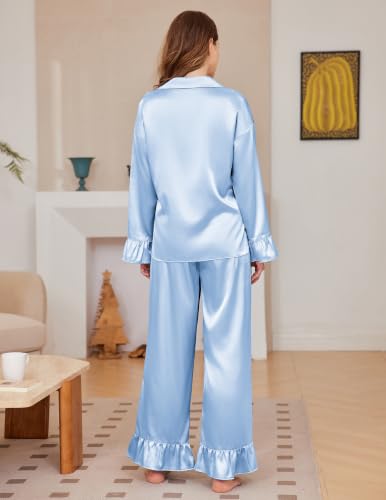 Ekouaer Satin Pajamas for Women Silk Pjs Long Sleeve Lounge Set with Ruffle - image 3
