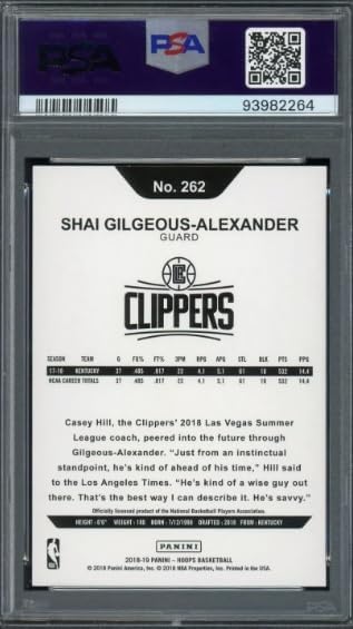 2018 Panini Hoops Shai Gilgeous-Alexander Rookie RC Basketball Card Graded PSA 10 Gem Mint card #262