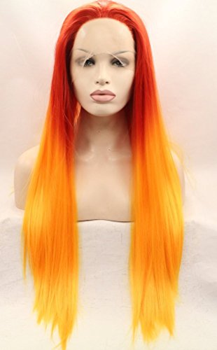 Ebingoo Glueless 3 Tone Red Orange Yellow Ombre Long Silk Straight Natural Synthetic Lace Front Wig Glueless Heat Resistant Soft Wigs (26 inches)