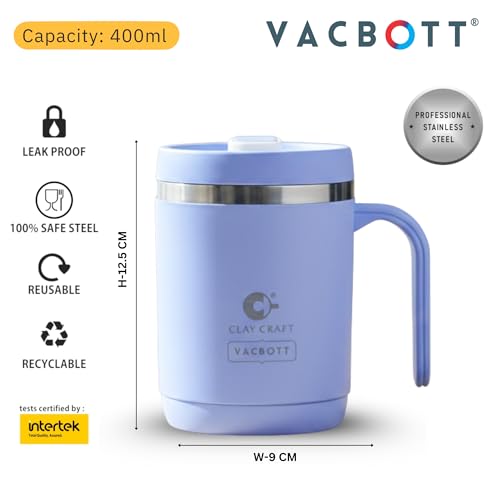 Image of CLAY CRAFT VACBOTT Dyona 400ML (SkyBlue) Premium Stainless Steel Puf-Insulated Flask Mug|Long Hrs Hot & Cold|Airtight, BPA-Free, Leak-Proof Travel Mug with Handle| Made in India