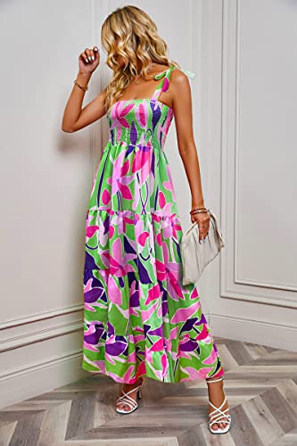 Image of kinstell Women's Summer Boho Spaghetti Strap Square Neck Ruffle Casual Flowy Long Dress Beach Swing Party Maxi Dress