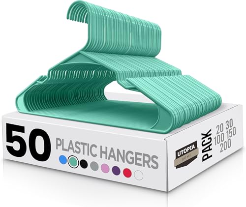 utopia home plastic hangers 50 pack - perfect space saving clothes hanger - durable and strong - perfect closet organizers with shoulder grooves (aqua)