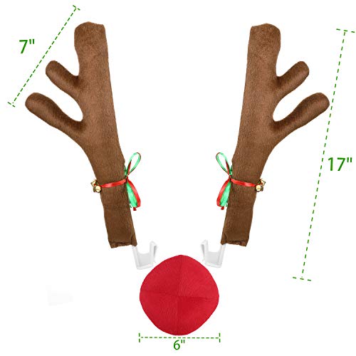 Poptrend Car Reindeer Antlers & Nose Decorations, Window Roof-Top & Front Grille Rudolf Reindeer Jingle Bell Christmas Costume Auto Accessories (Large, Brown+Red) #TOP2