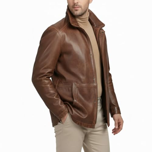 Image of Leather Car Coat For Men 3 /4 Length Mens Leather Jackets - Real Lambskin Long Coat For Men