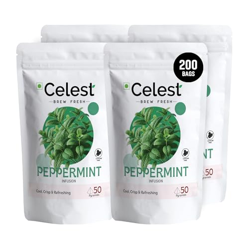 Image of Celest Peppermint Tea Bags 200 Count (50 x 4) | Pure Mint Herbal Infusion | Caffeine Free Beverage | Premium Peppermint Leaves | Pyramid Sachets | Pack of 4