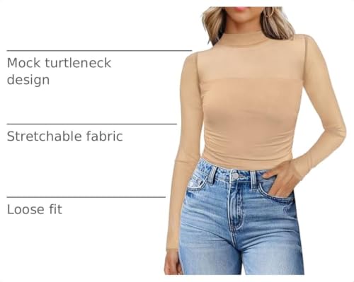 Sexy Tops for Women Date Night Outfits Mesh Long Sleeve Lace Shirts Fall Concert Outfits Mock Turtleneck Fashion Clothing C-Apricot - image 4