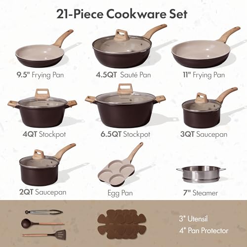 Image of CAROTE 21 PCS Ceramic Cookware Set, Pots and Pans Set Non Stick, Pot and Pan Set with Frying Pan, Induction Ready Cooking Set for Kitchen, PFOS /PFOA /PFAS Free, Brown