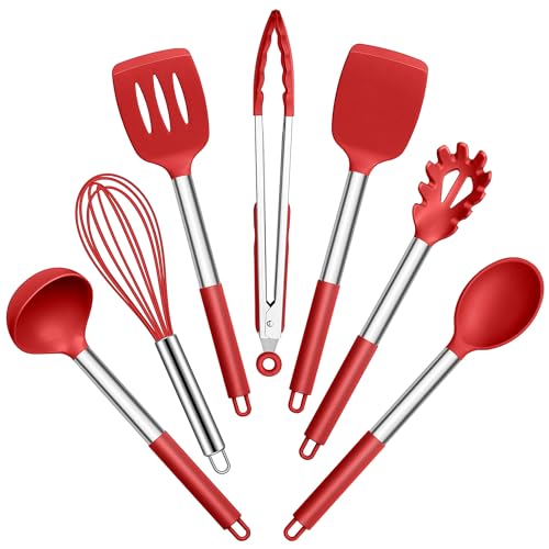 Joyfair Juego de utensilios de cocina, 7 unidades, color rojo, antiadherente, resistente al calor, utensilios de cocina para cocinar/hornear/flip, fácil de limpiar y apto para lavavajillas