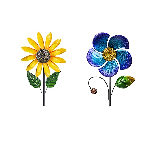 Viveta Sunflower Wind Spinner + 28.7 Inches Outdoor Garden Pinwheels Spinners Blue Flower Shape Design, Yard Lawn Patio Decor #TOP8