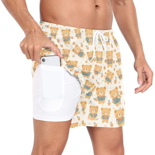 Yellow Retro Bears Swim Shorts for Men Men's 2 Layer Inseam Bathing Suit with Compression Liner Quick Dry XL3