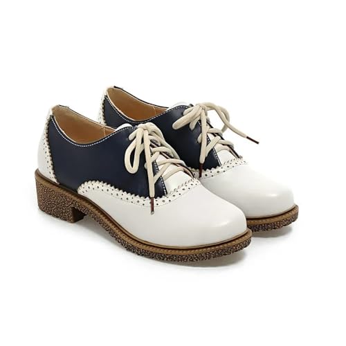 Blano Lofor Womens Saddle Oxford Shoes - Classic Wingtip Brogue Flats 50s Vintage Retro Chunky Low Heel Lace-Up Dress Shoes Black and White 5
