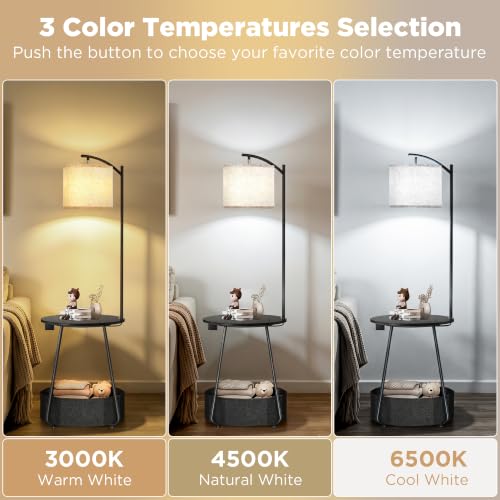 Image of LUTEC Floor Lamp with Table, End Table with Charging Station(USB & Type-C & AC Port), Round SideTable with Fabric Basket, 3 Color Temperatures 9W LED Bulb, Modern Nightstand for Bedroom, Living Room