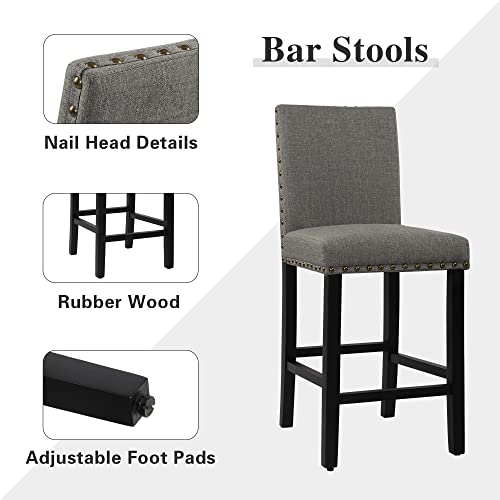 Dagonhil 24'' Bar Stools Set Of 4, Counter Height Bar Stools With Backs, Nail Head Barstools With Wood Legs, Upholstered Kitchen Island Chairs, Gray #TOP4